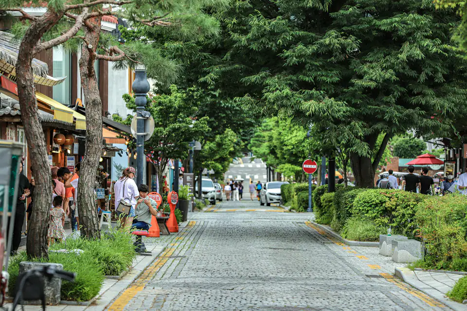 A stone-paved street lined with trees and shops — Jeonju Hanok Village