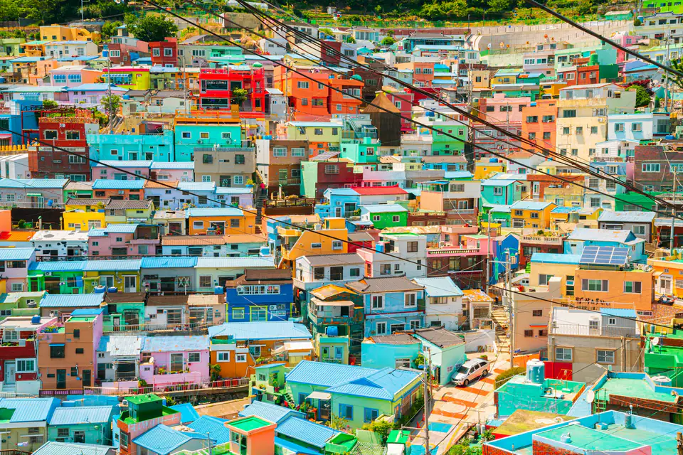 Painted houses stacked up the hillside — Gamcheon Culture Village, Busan