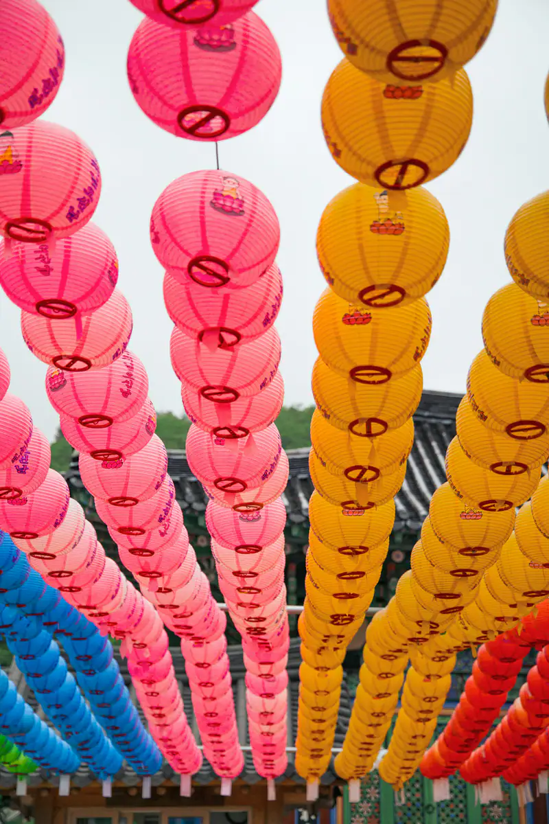 Rows of lanterns hung at a temple for Buddha’s Birthday — Temple lanterns, Sokcho